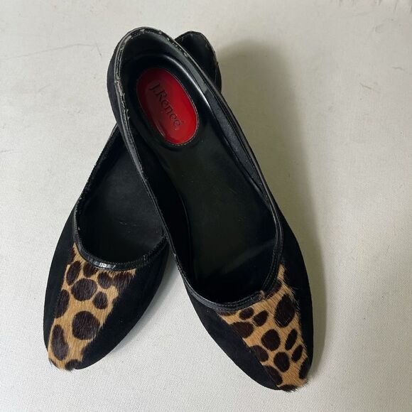 J Renée Kory black leather suede leopard print calf hair flats size 9.5 - Picture 1 of 10